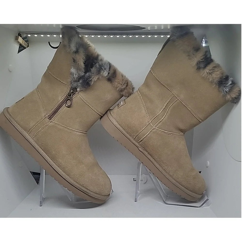Koolaburra by UGG Victoria Short Boots Woman Size 8 Tan Leopard Faux Fur 1136011